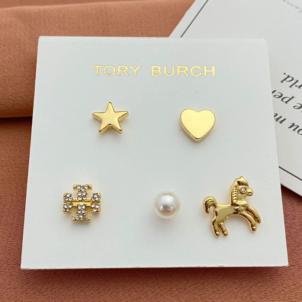 Tory Burch Diamond Letter Heart Horse Pearl Star Earrings 5 Pairs